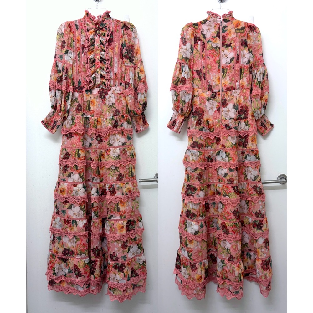 Alice + Olivia Brooke High Neck Maxi Dress Juniper Floral Rose Pink Lace Trim 0 - Picture 2 of 16